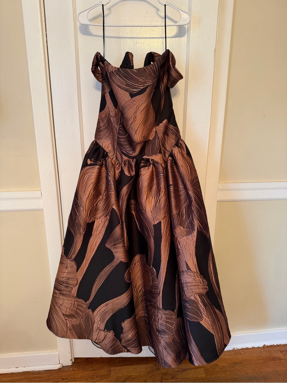 Off-Shoulder Black and Rose Gold Floral Midi Dress - Picture 3 of 8